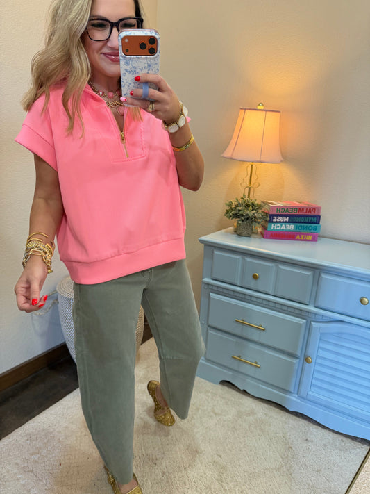 Bright Neon Pink Ribbed High Neck Half Zip Top