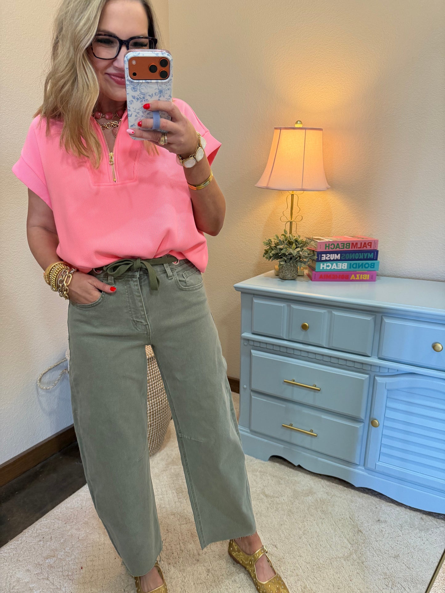 Bright Neon Pink Ribbed High Neck Half Zip Top
