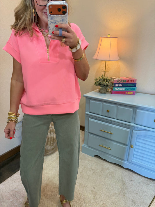 Bright Neon Pink Ribbed High Neck Half Zip Top