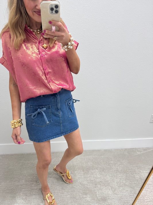 Fuchsia Metallic Button Up Short Sleeve Top