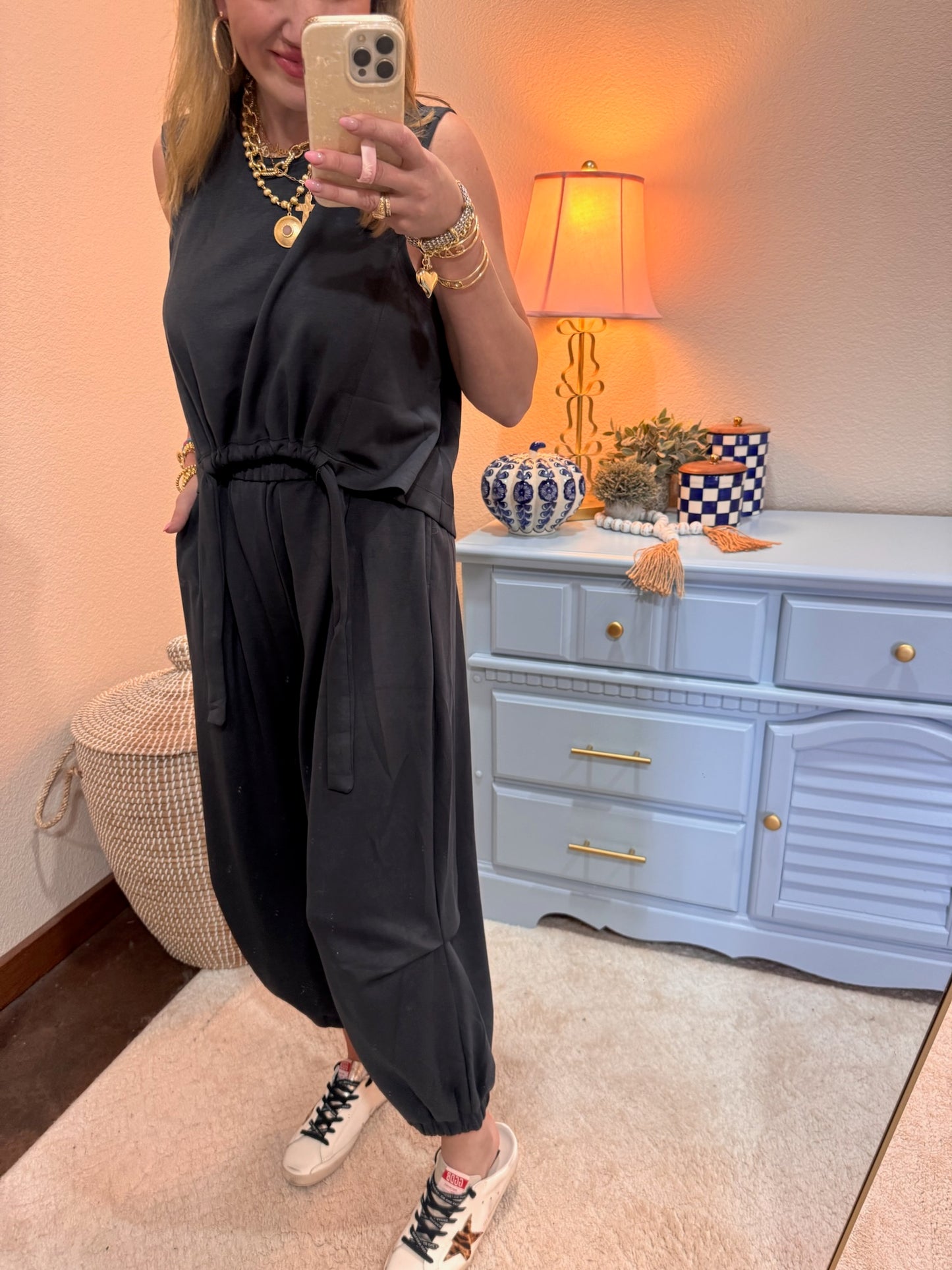 Charcoal Cinch Tie Top and Pants Set