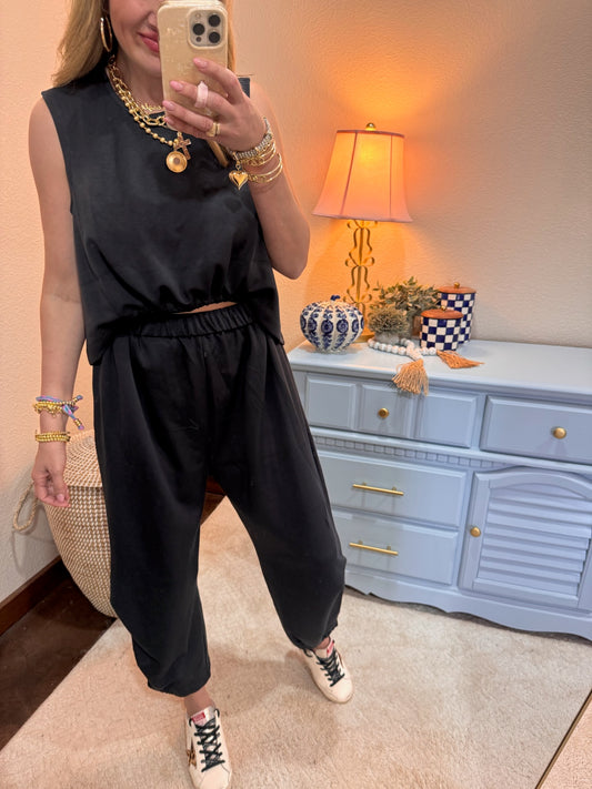 Charcoal Cinch Tie Top and Pants Set