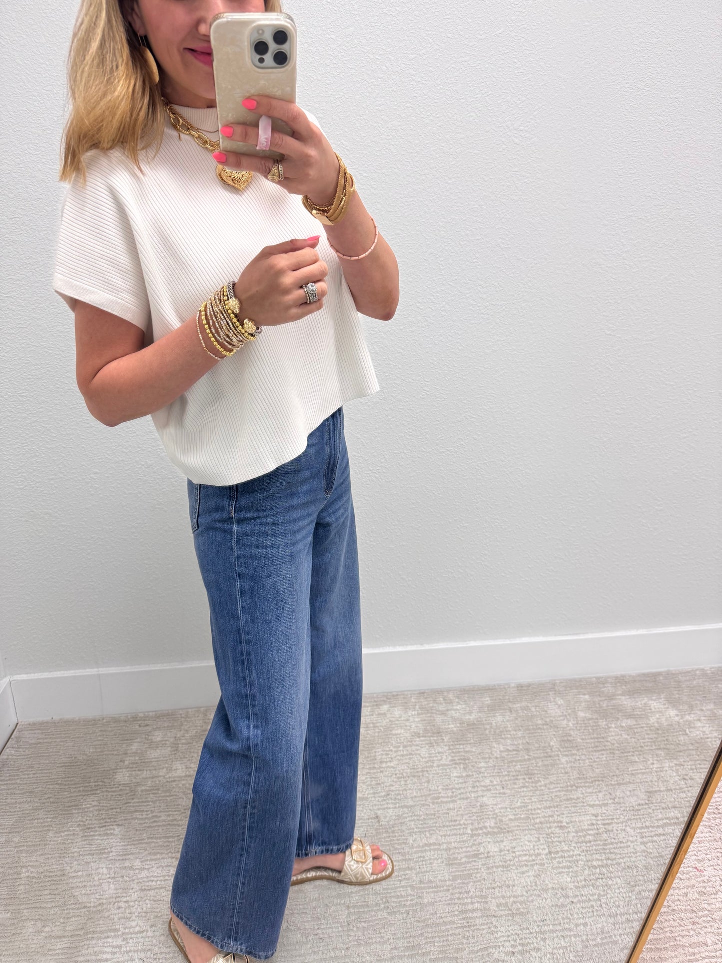 Ivory High Neck Ribbed Swing Top