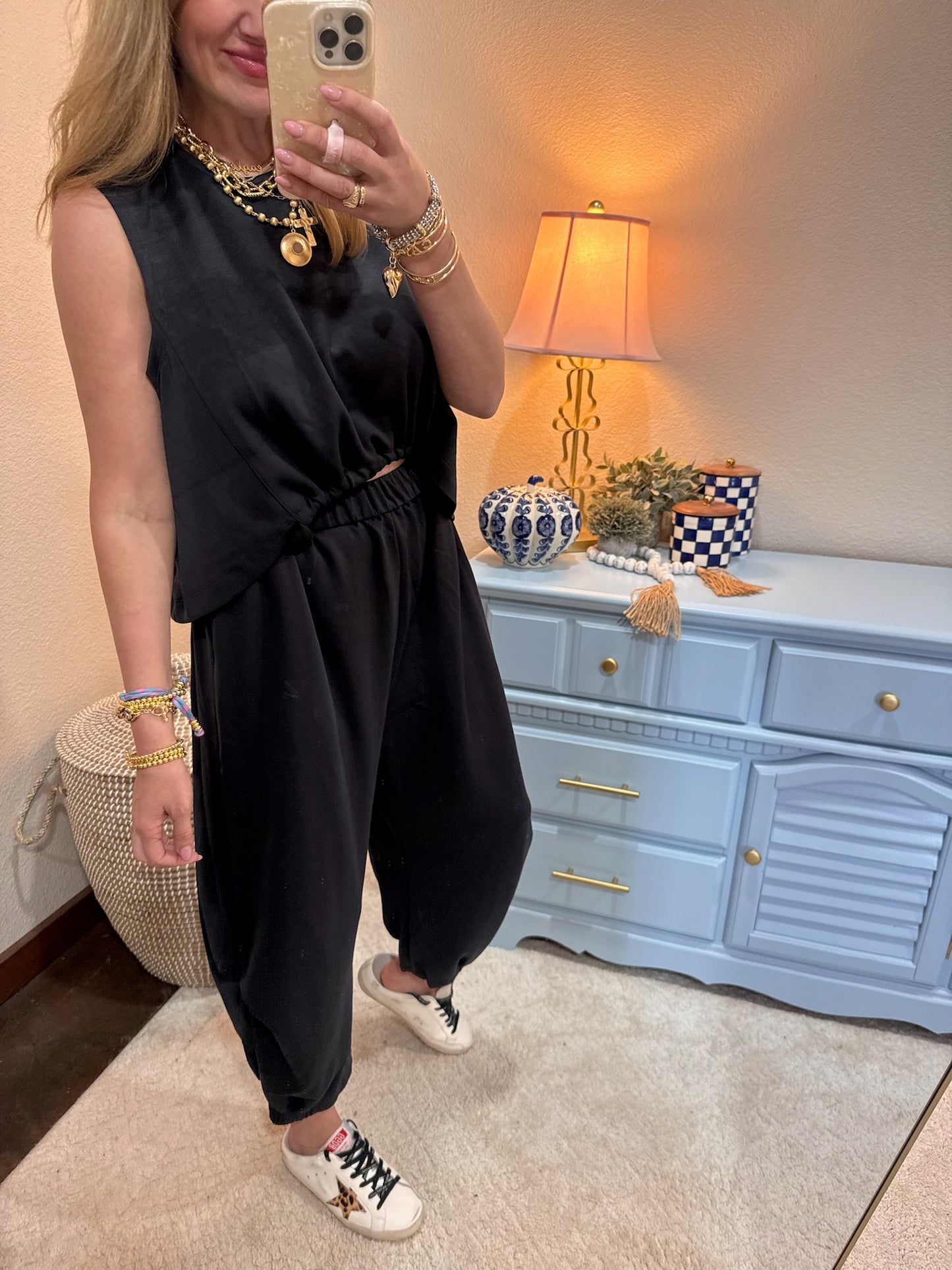 Charcoal Cinch Tie Top and Pants Set