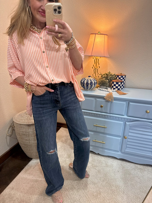 Coral Striped Dolman Sleeve Top
