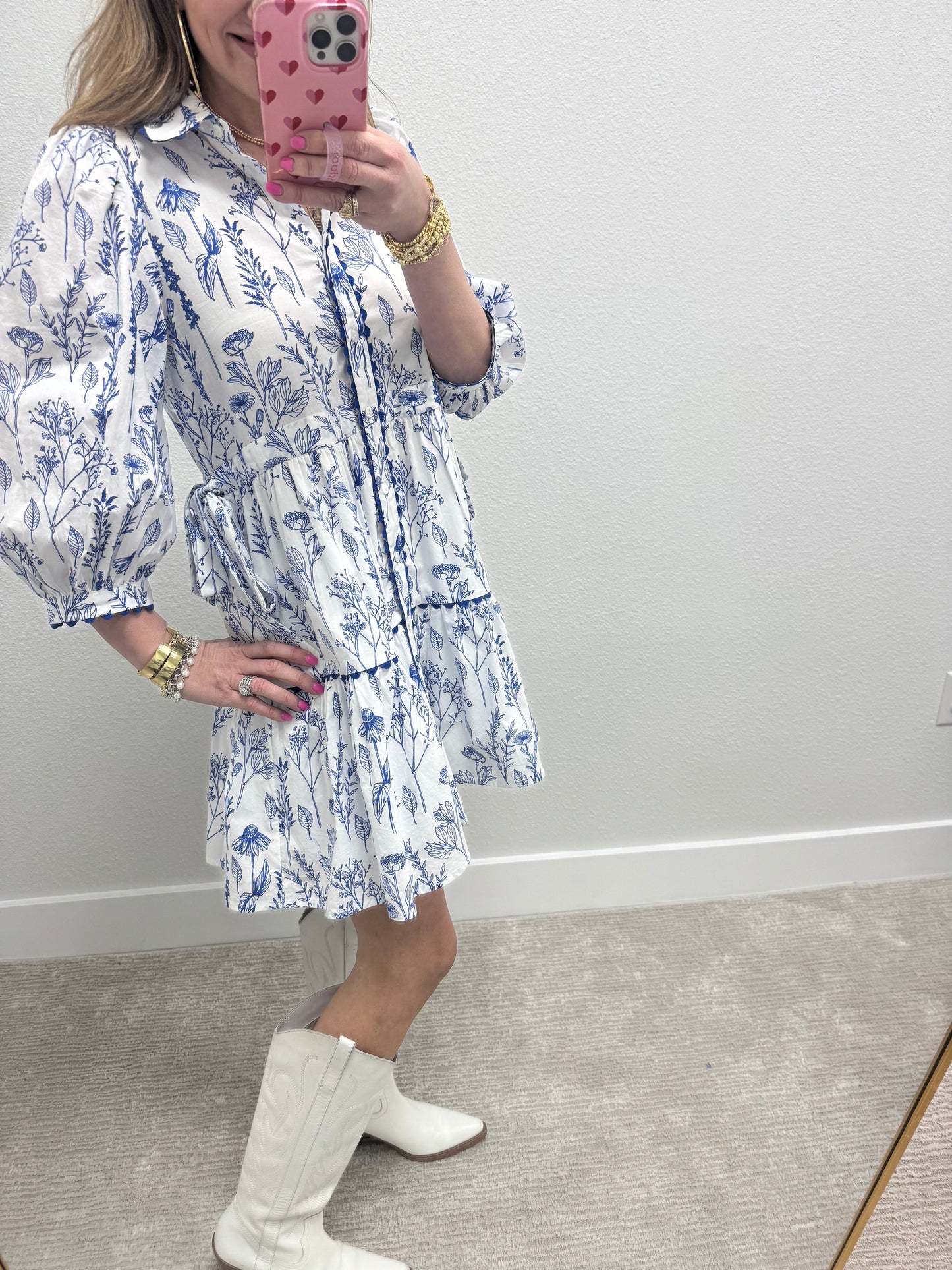 Blue and White Floral Printed Dress FS