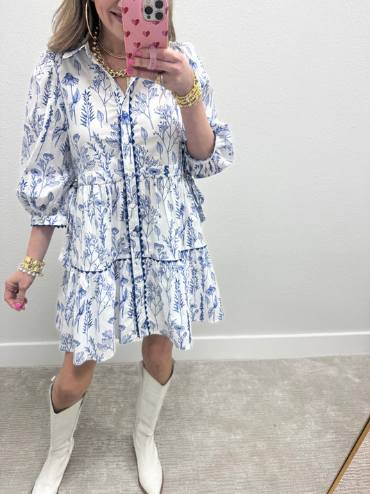 Blue and White Floral Printed Dress FS