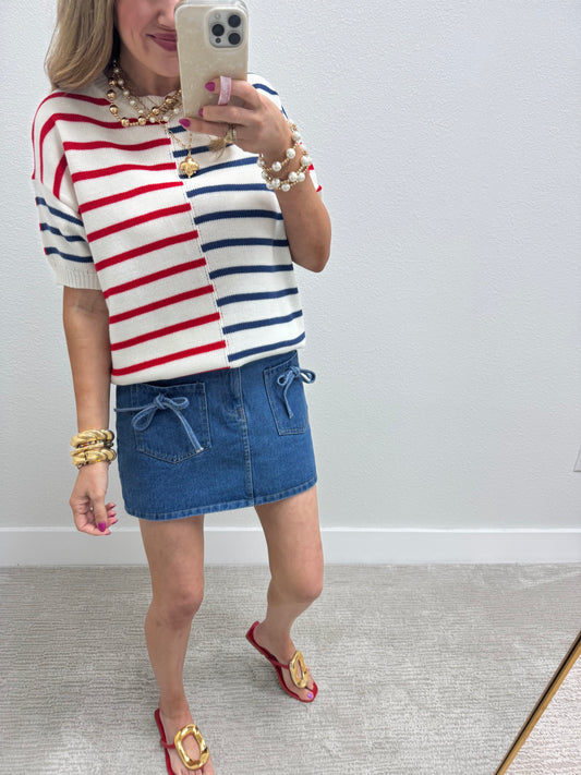 Red White & Blue Round Neck Stripe Knit Top FS