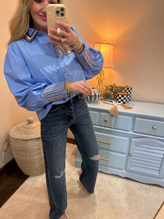 Blue Embroidery Accent Button Down Shirt