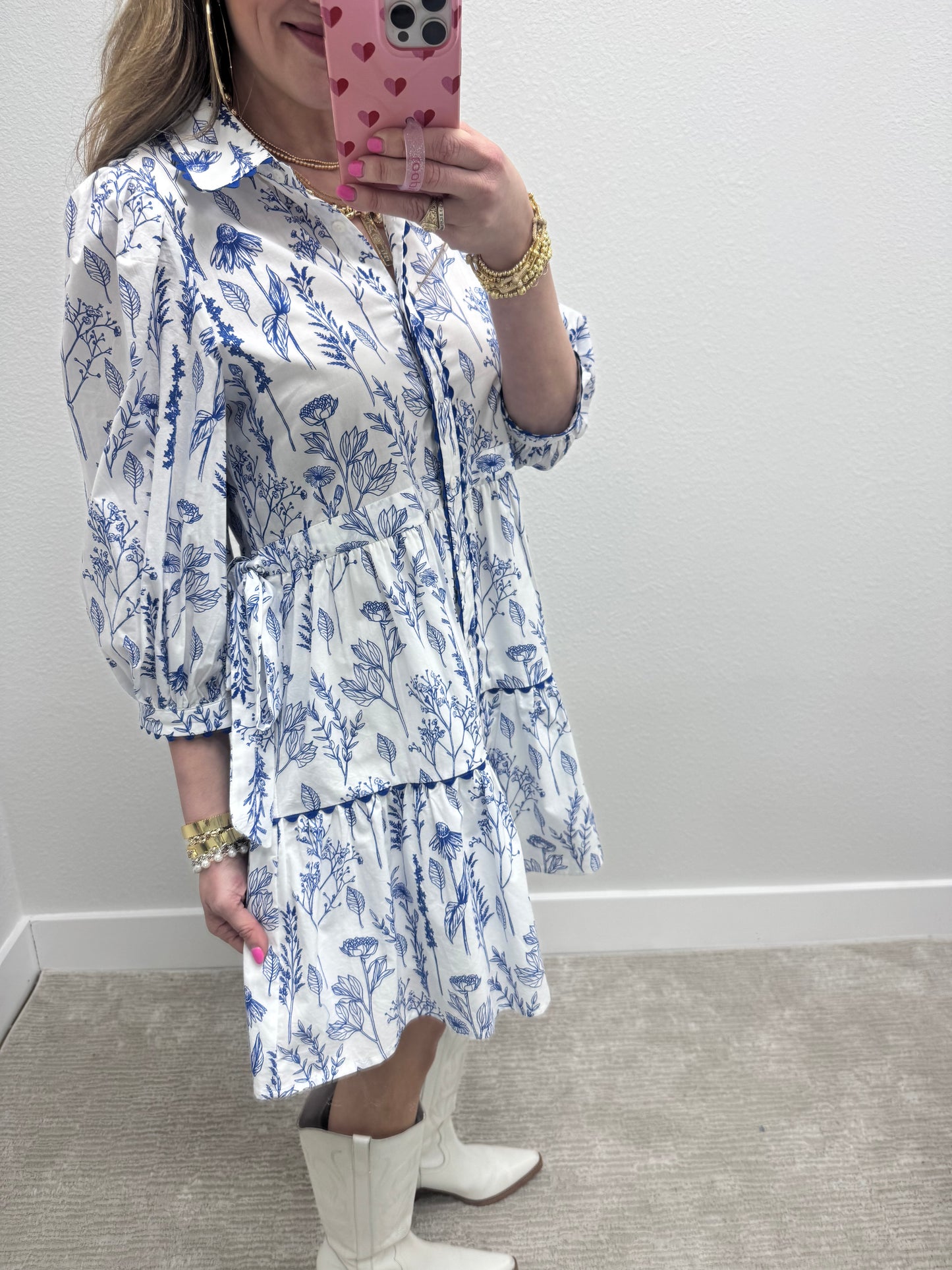 Blue and White Floral Printed Dress FS