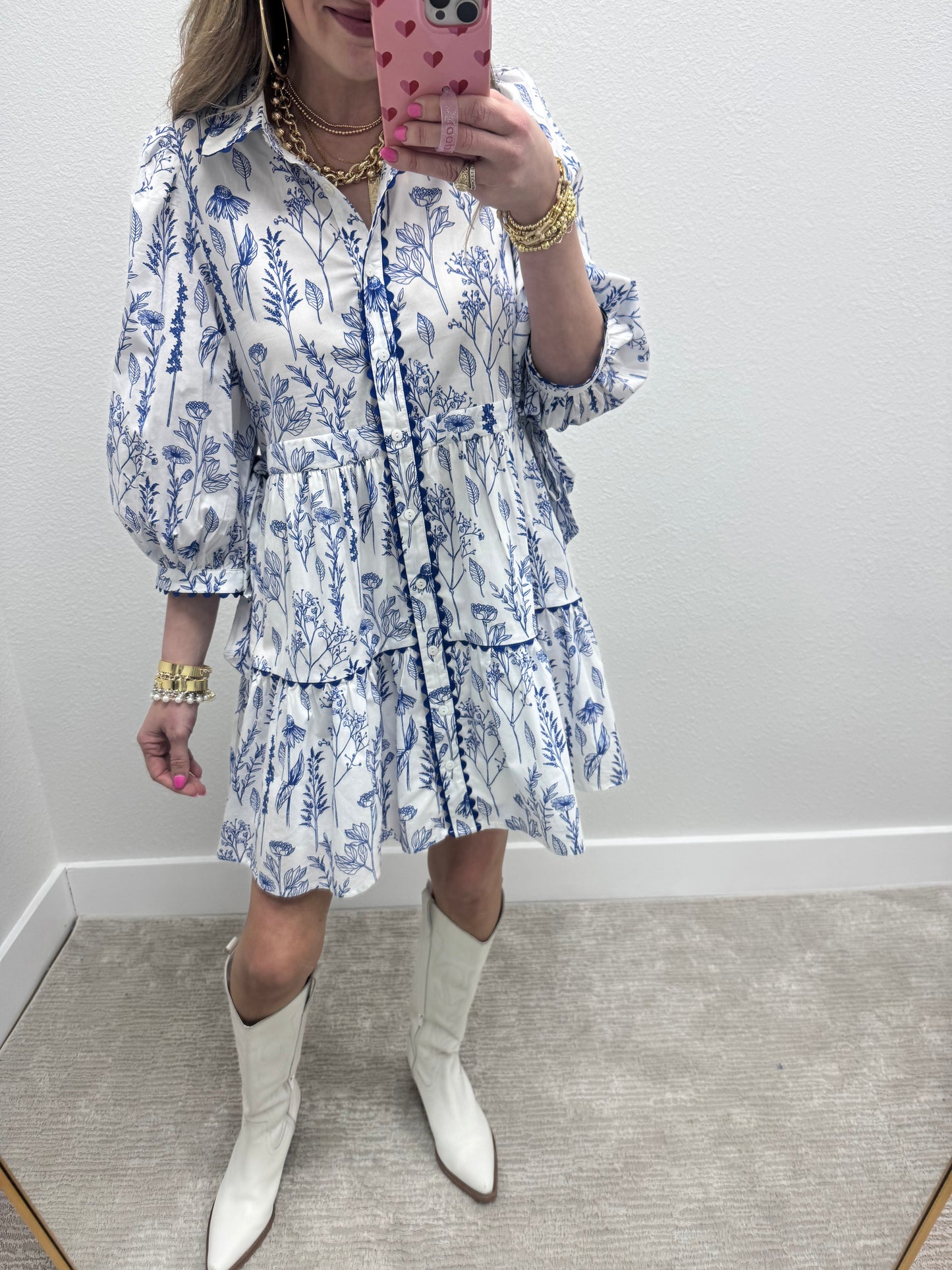 Blue and White Floral Printed Dress FS