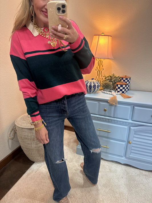 Evergreen/Pink Contrasting Striped Sweater with Polo Collar