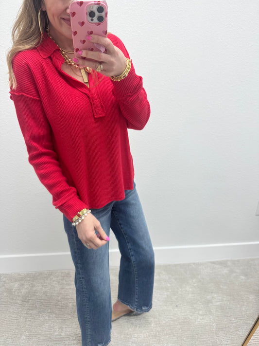 Tomato Collared Exposed Hem Long Sleeve FS