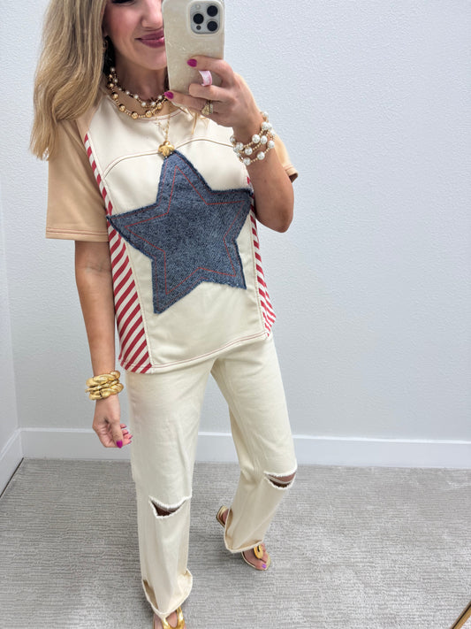 Cream and Denim Mix Star Short Sleeve FS
