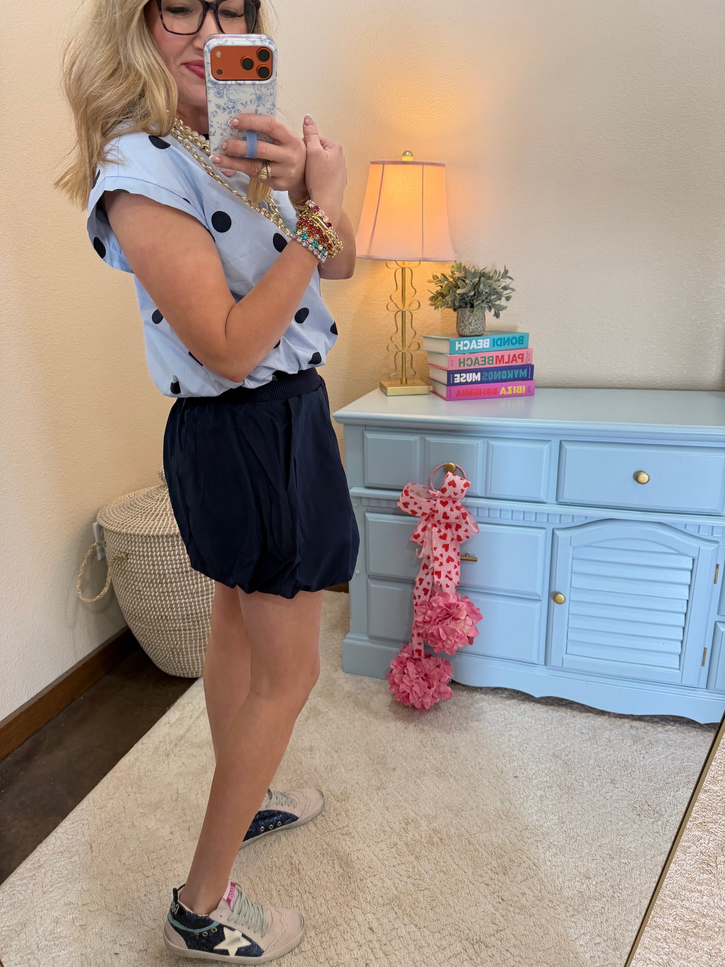 Light Blue Large Polka Dot Round Neck Band Bubble Crop Top