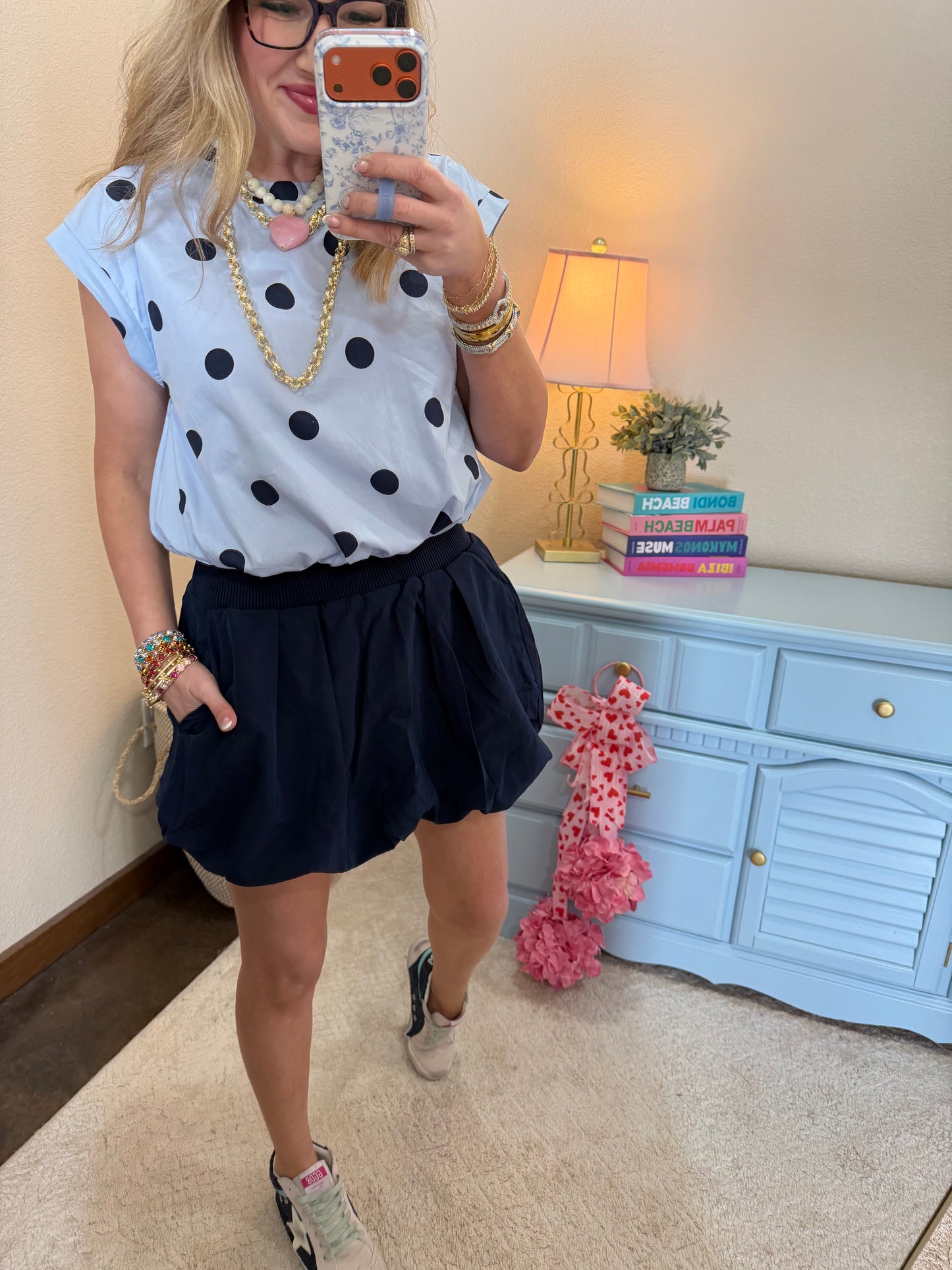 Light Blue Large Polka Dot Round Neck Band Bubble Crop Top