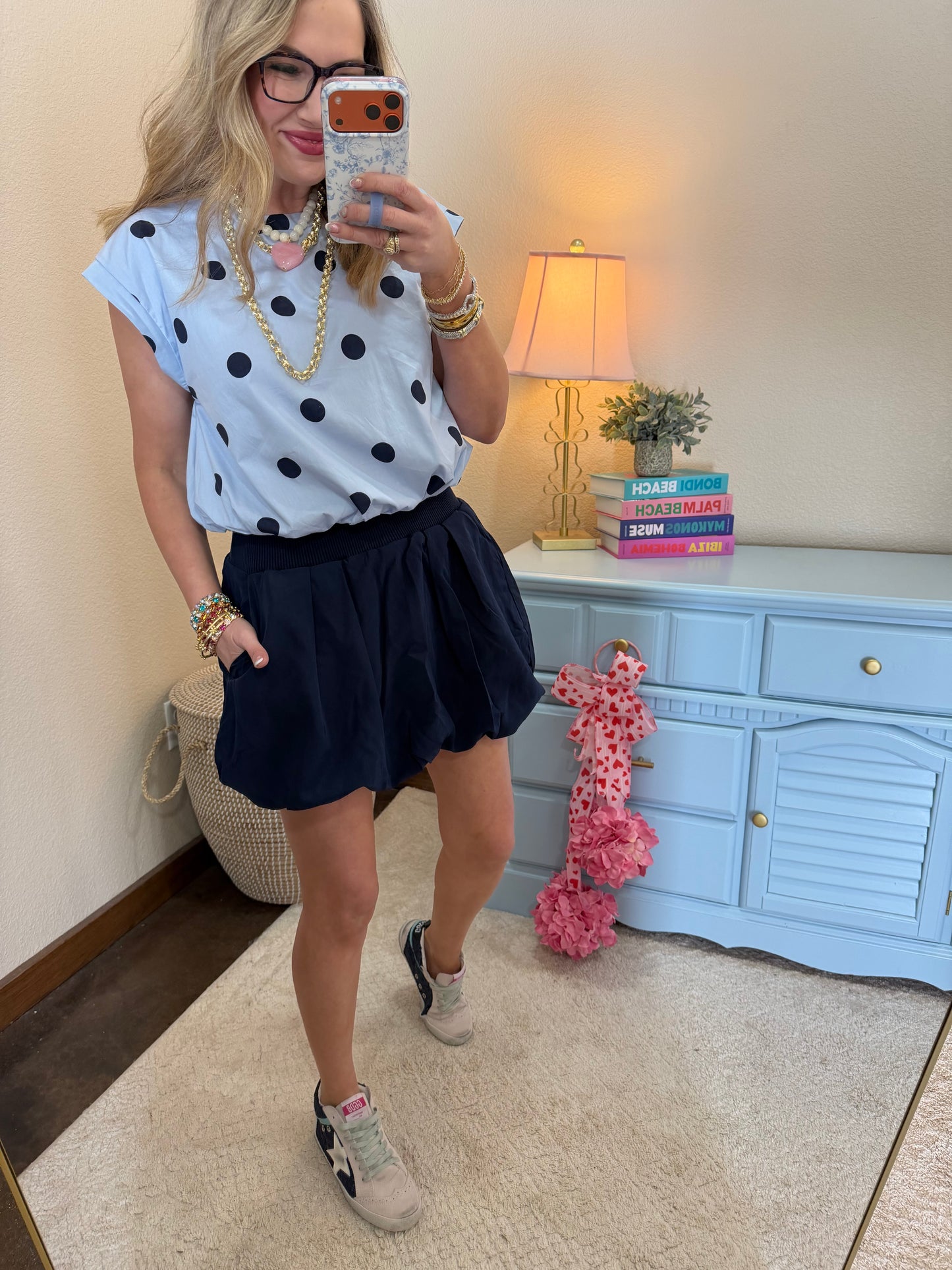 Light Blue Large Polka Dot Round Neck Band Bubble Crop Top