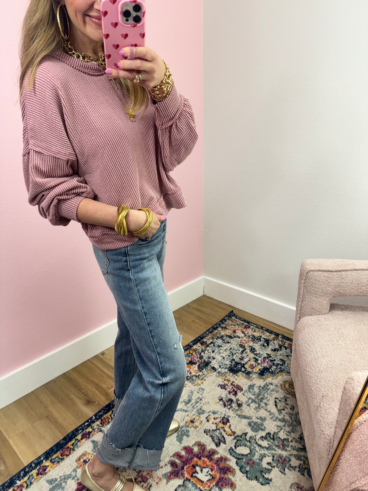Pink Ribbed Waist Length Long Sleeve