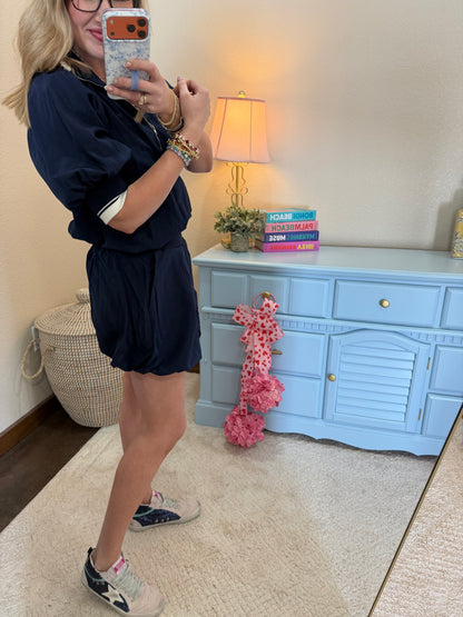 Navy Waist Rib Band Bubble Skort