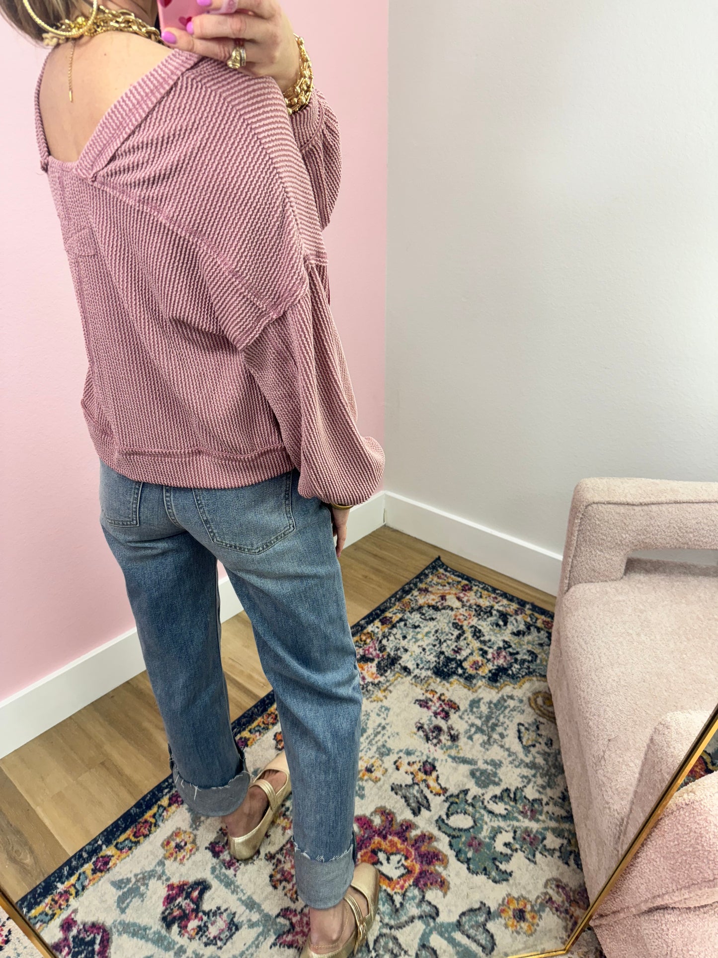 Pink Ribbed Waist Length Long Sleeve