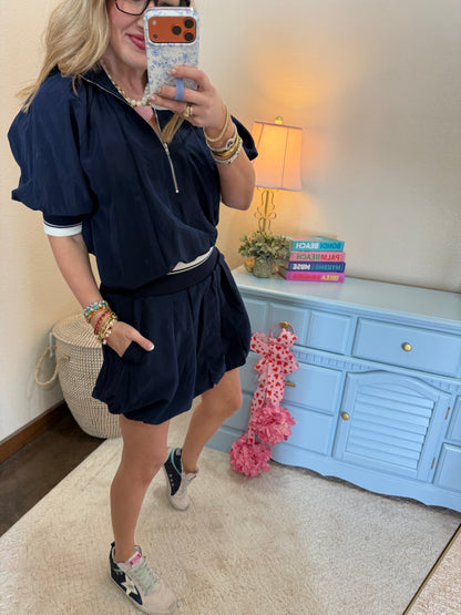 Navy Waist Rib Band Bubble Skort