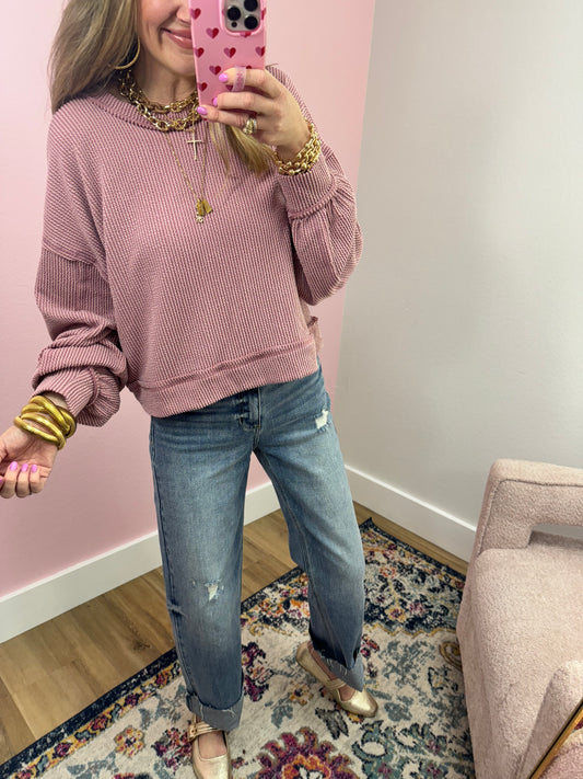 Pink Ribbed Waist Length Long Sleeve