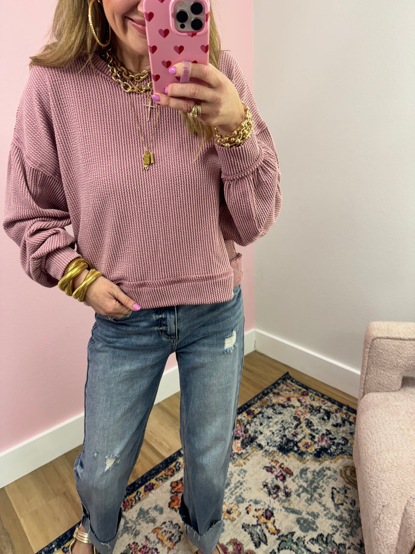 Pink Ribbed Waist Length Long Sleeve