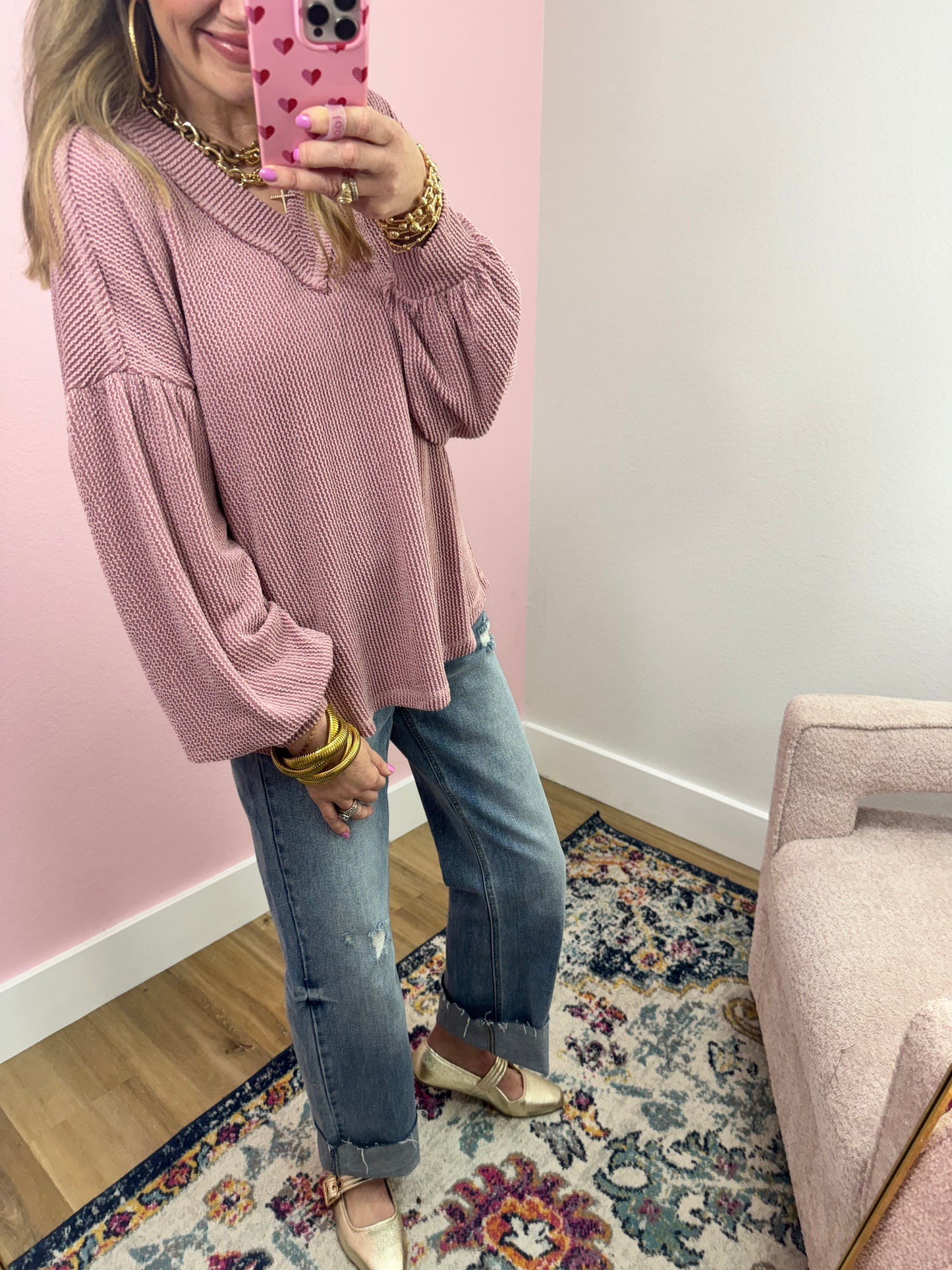 Pink Ribbed Balloon Sleeve Top
