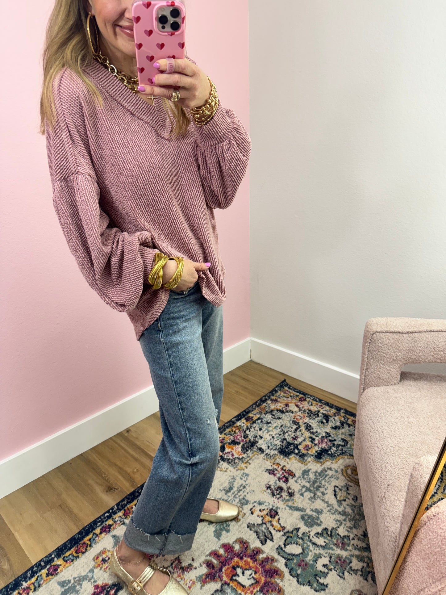 Pink Ribbed Balloon Sleeve Top