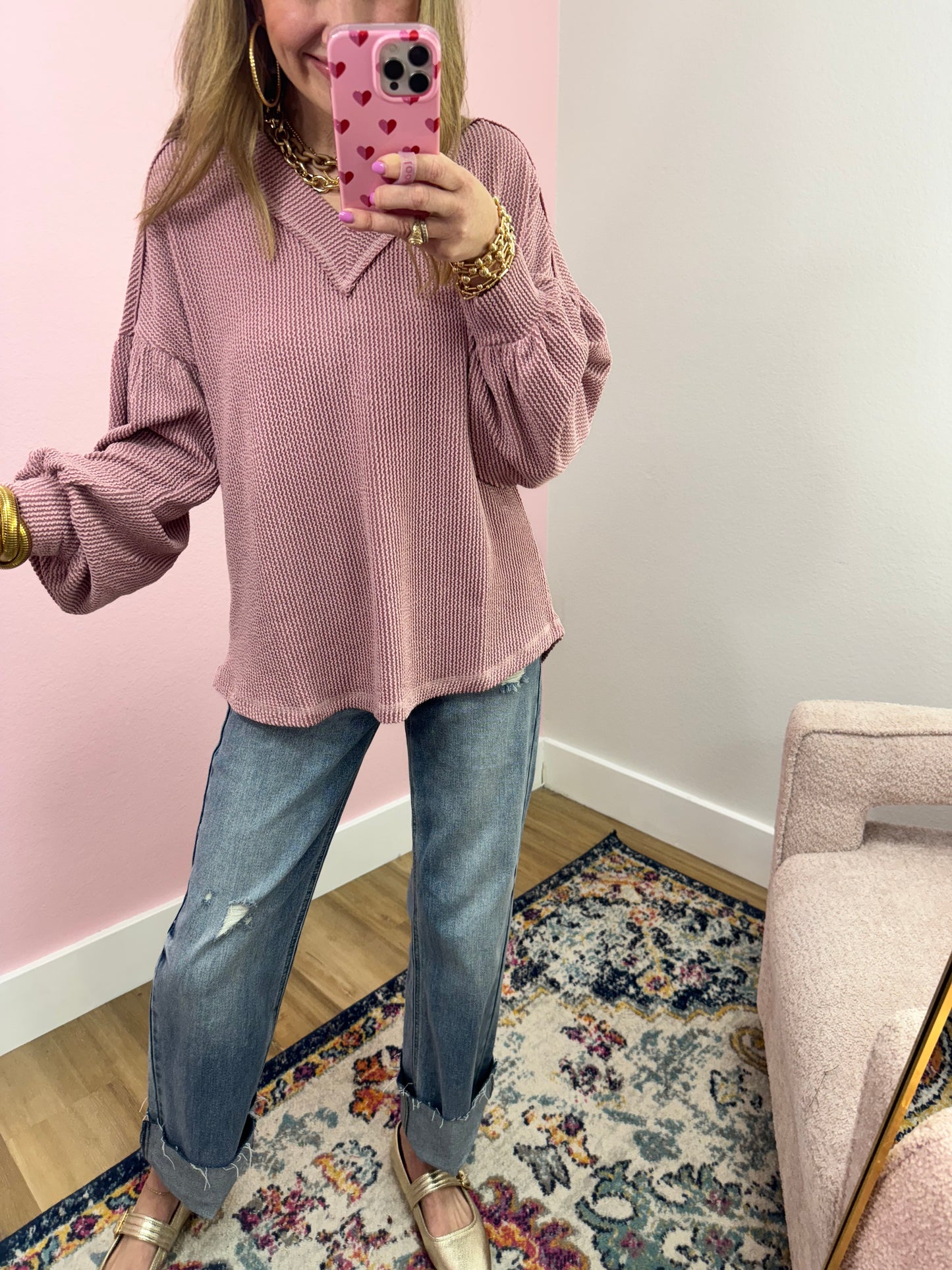 Pink Ribbed Balloon Sleeve Top