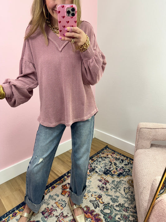 Pink Ribbed Balloon Sleeve Top
