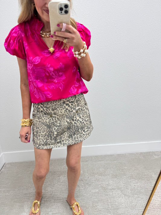 Leopard Double Front Pocket Detail Jean Skort