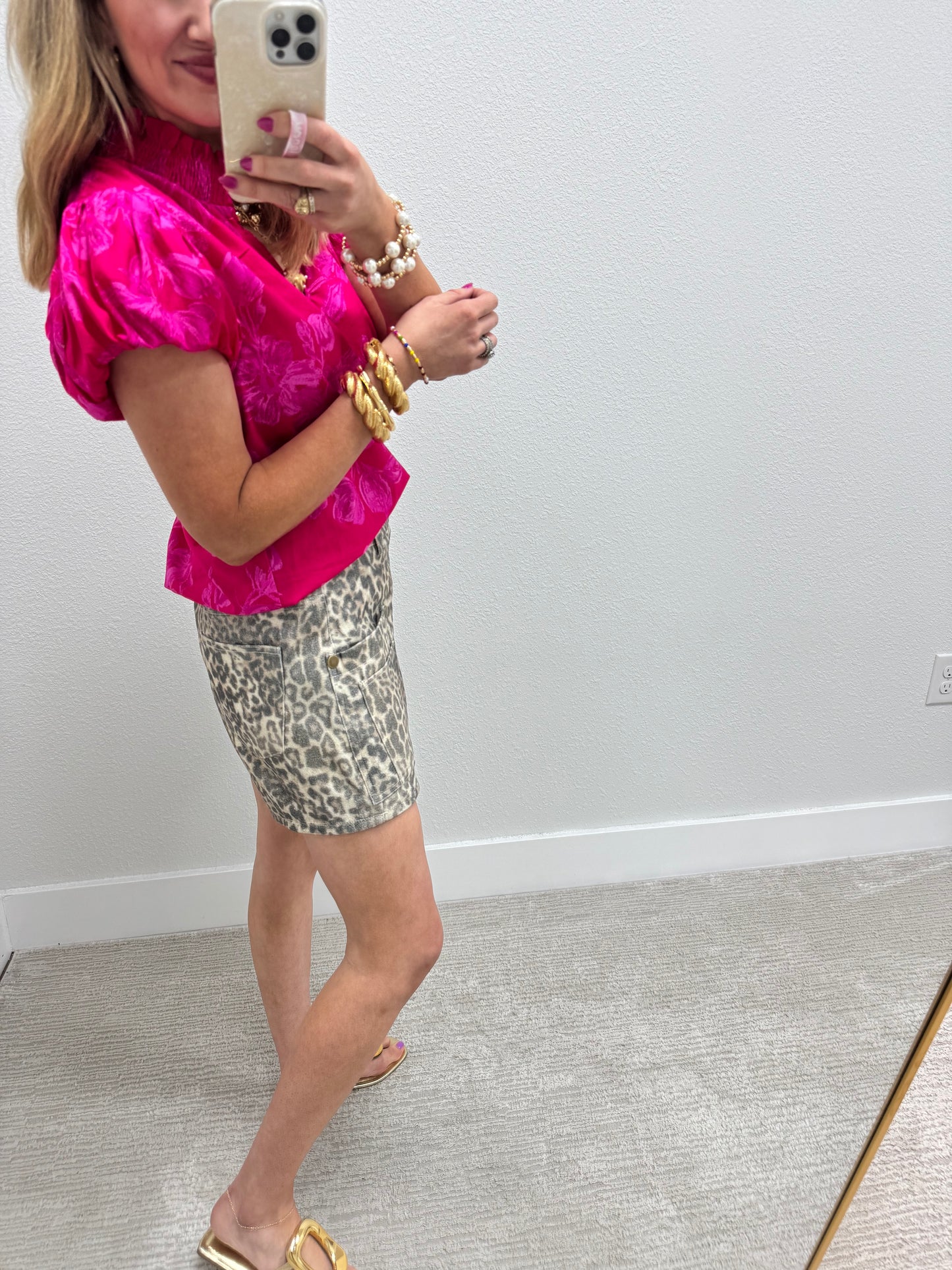 Leopard Double Front Pocket Detail Jean Skort