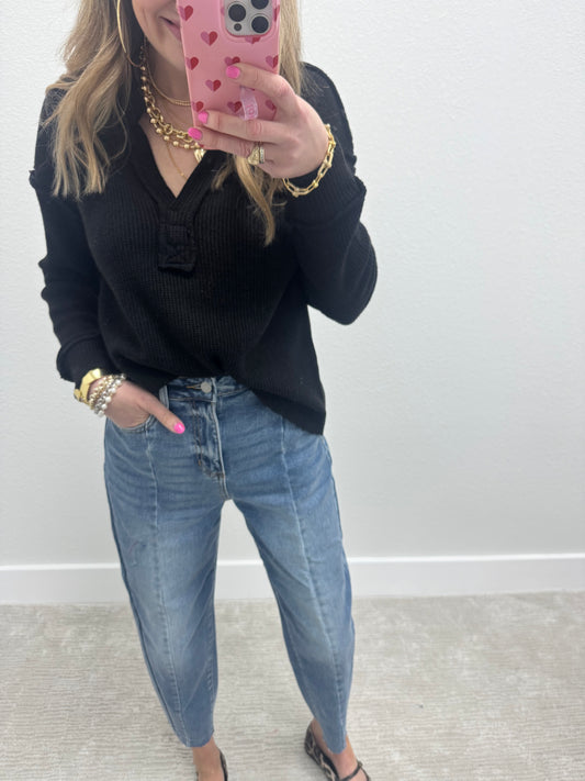 Black Collared Exposed Hem Long Sleeve FS