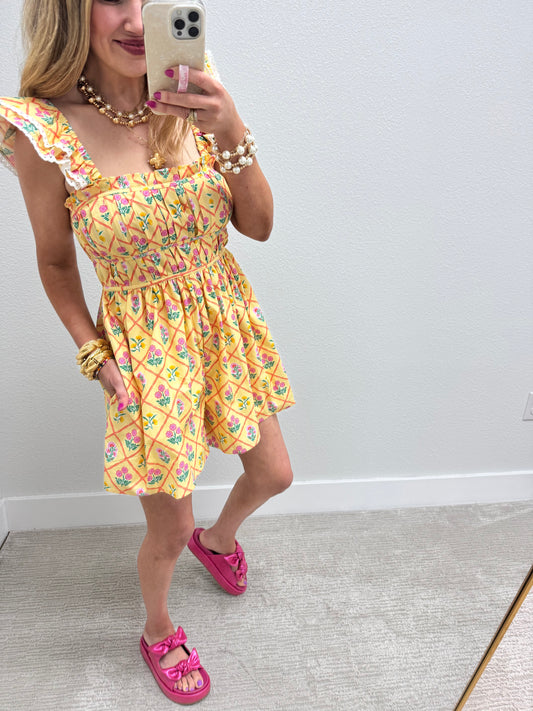 Yellow Pleated Denim Floral Romper