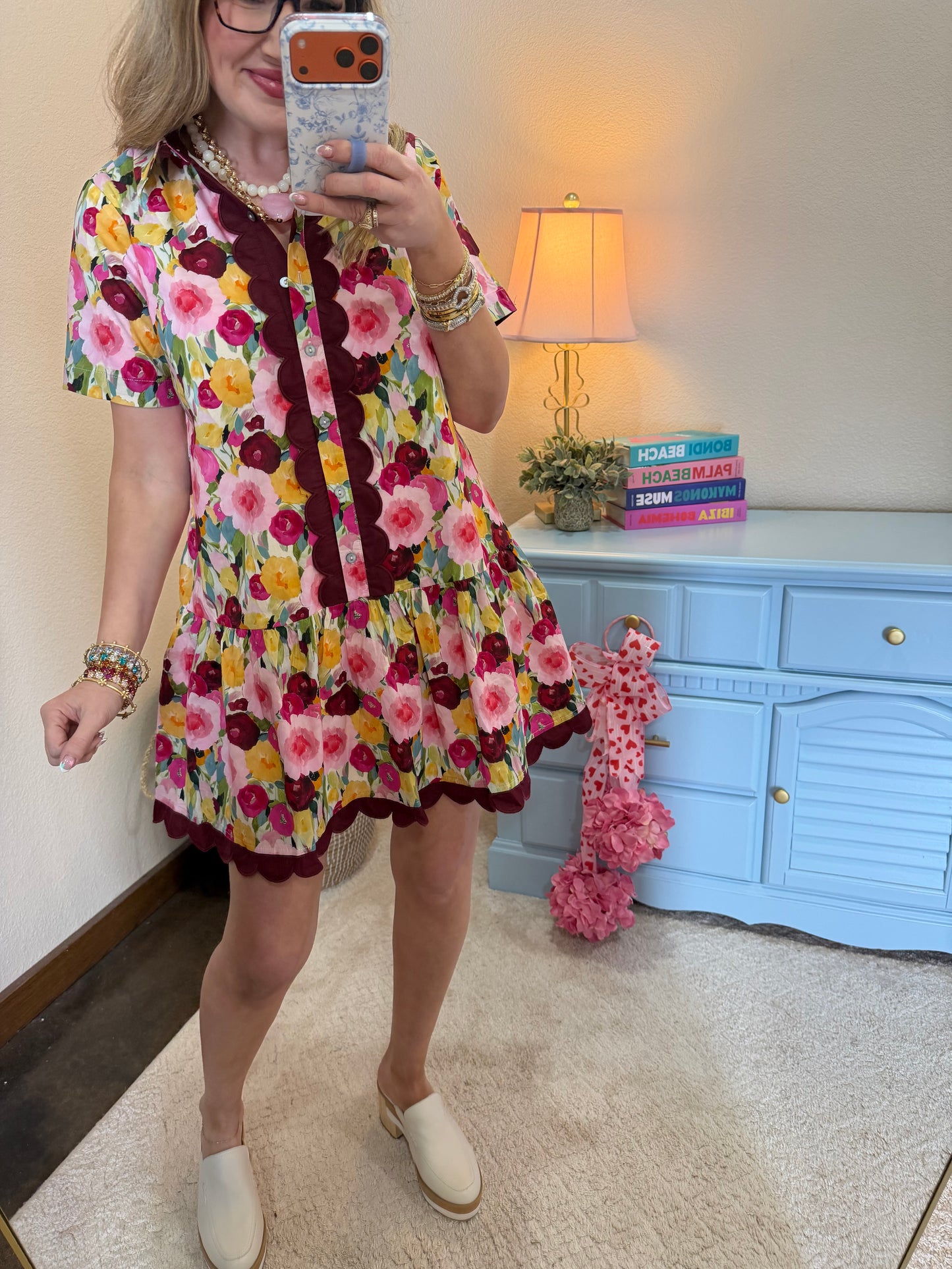 Scallop Trim Floral Button Up Dress