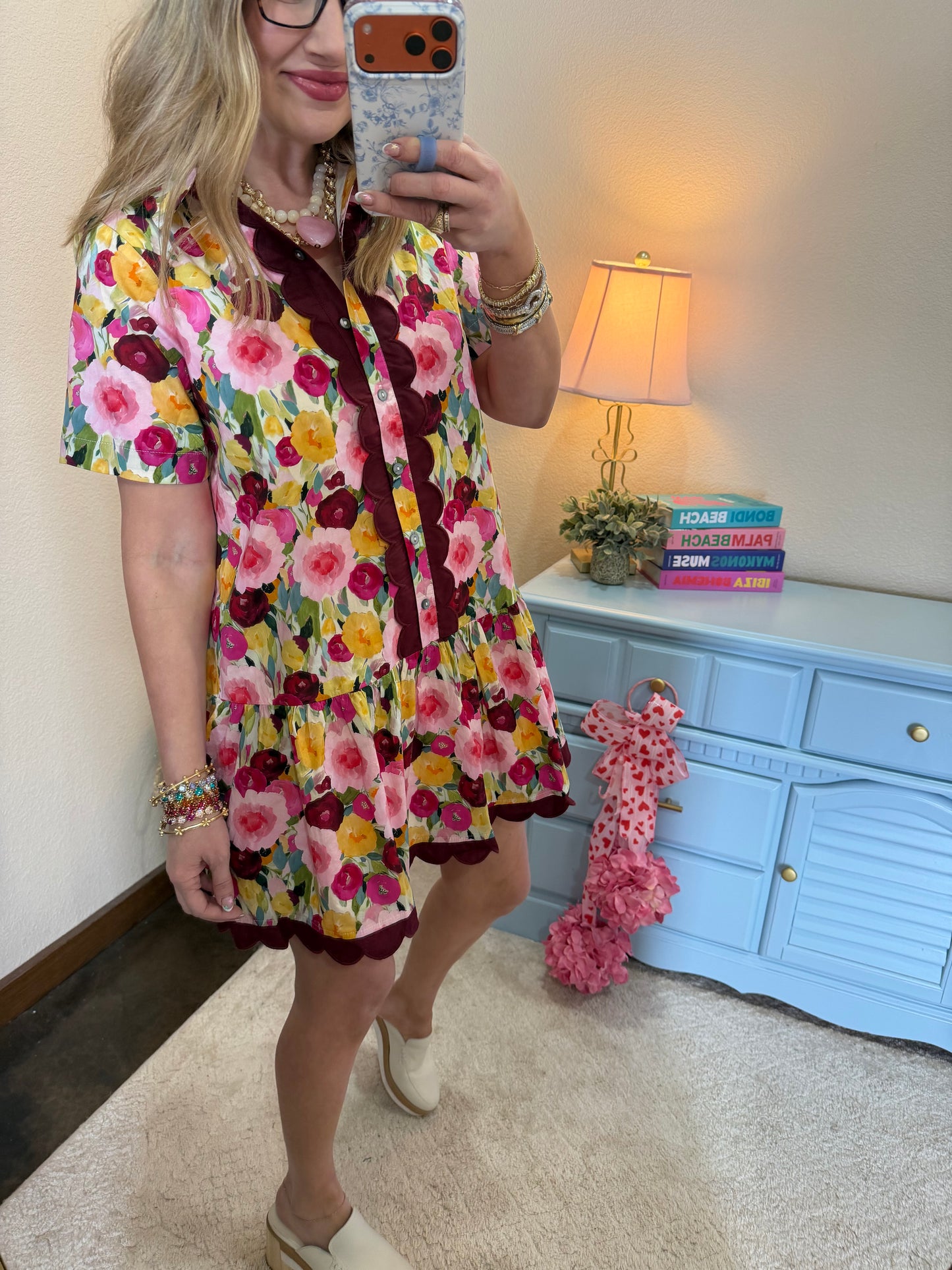 Scallop Trim Floral Button Up Dress