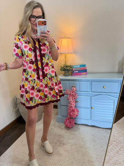 Scallop Trim Floral Button Up Dress