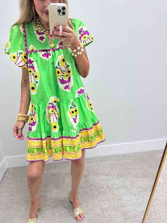 Bright Green Dress with Smocked Top & Trim Detail
