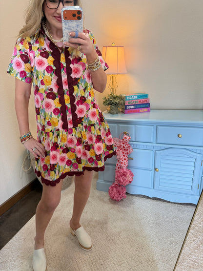 Scallop Trim Floral Button Up Dress