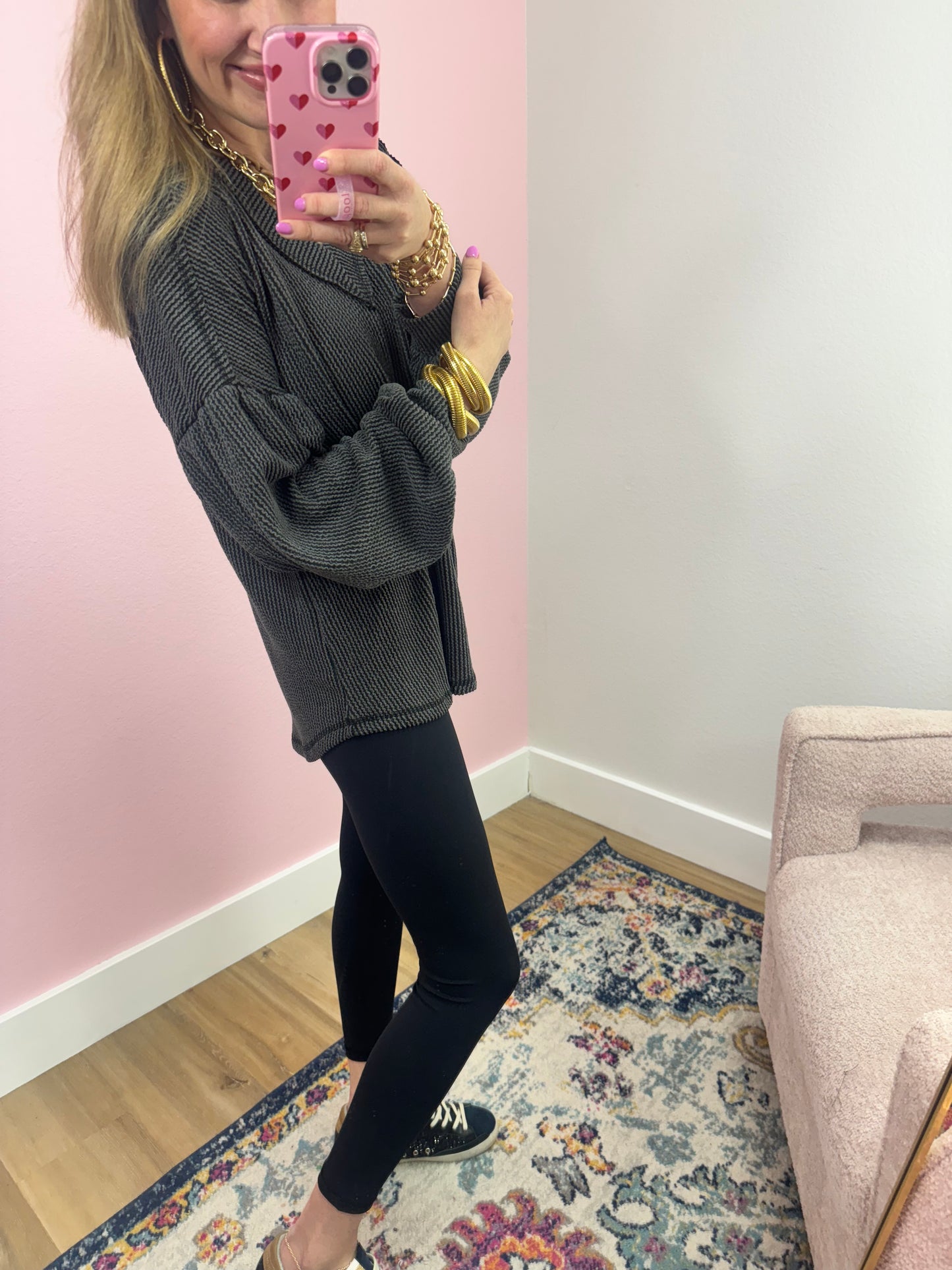 Charcoal Ribbed Balloon Sleeve Top