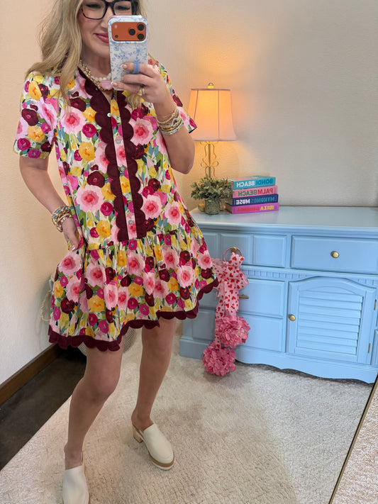 Scallop Trim Floral Button Up Dress