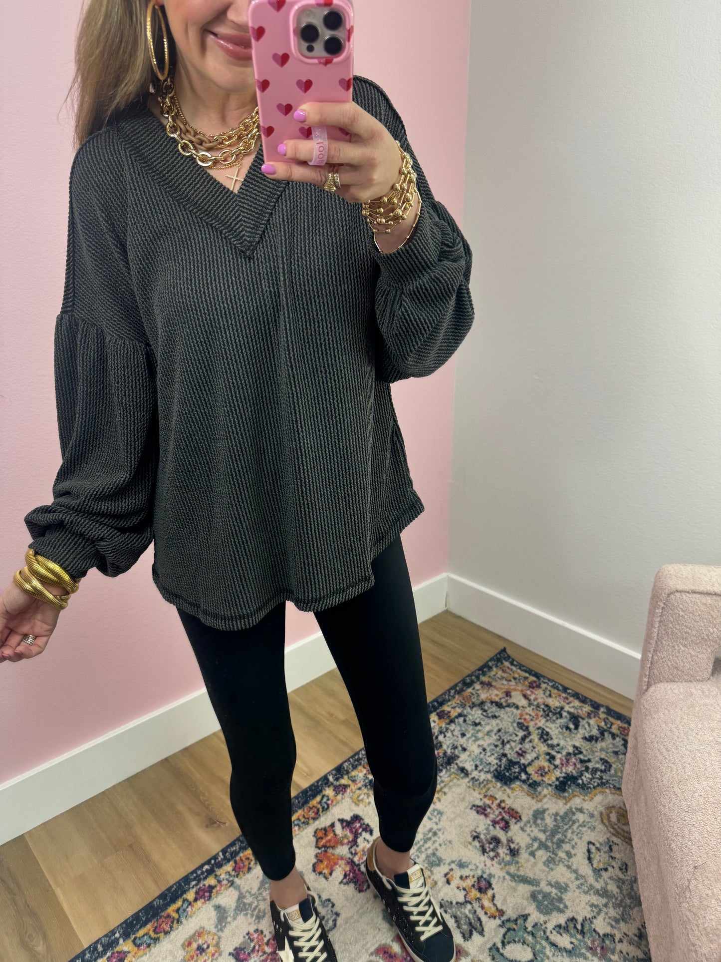 Charcoal Ribbed Balloon Sleeve Top