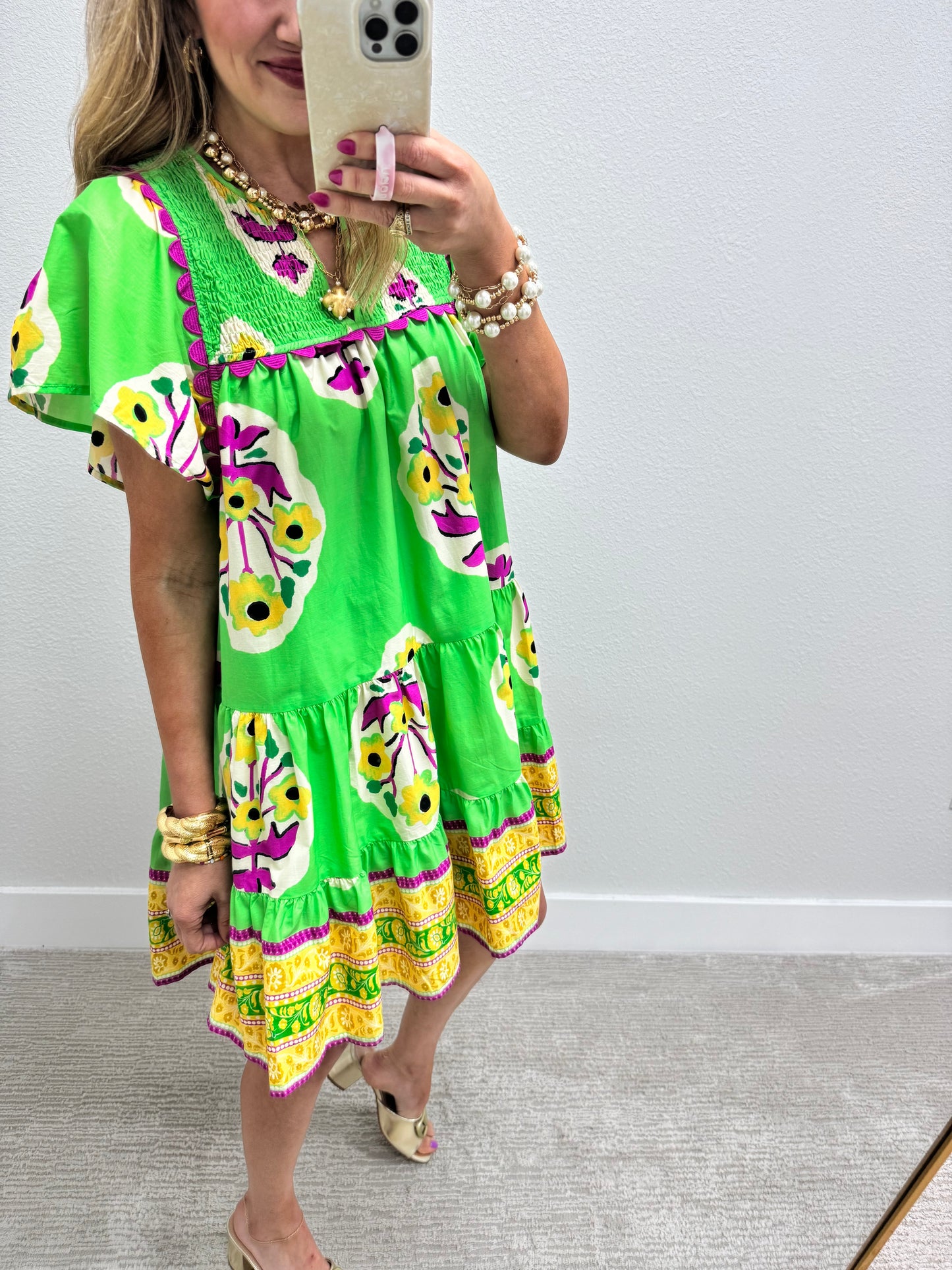 Bright Green Dress with Smocked Top & Trim Detail