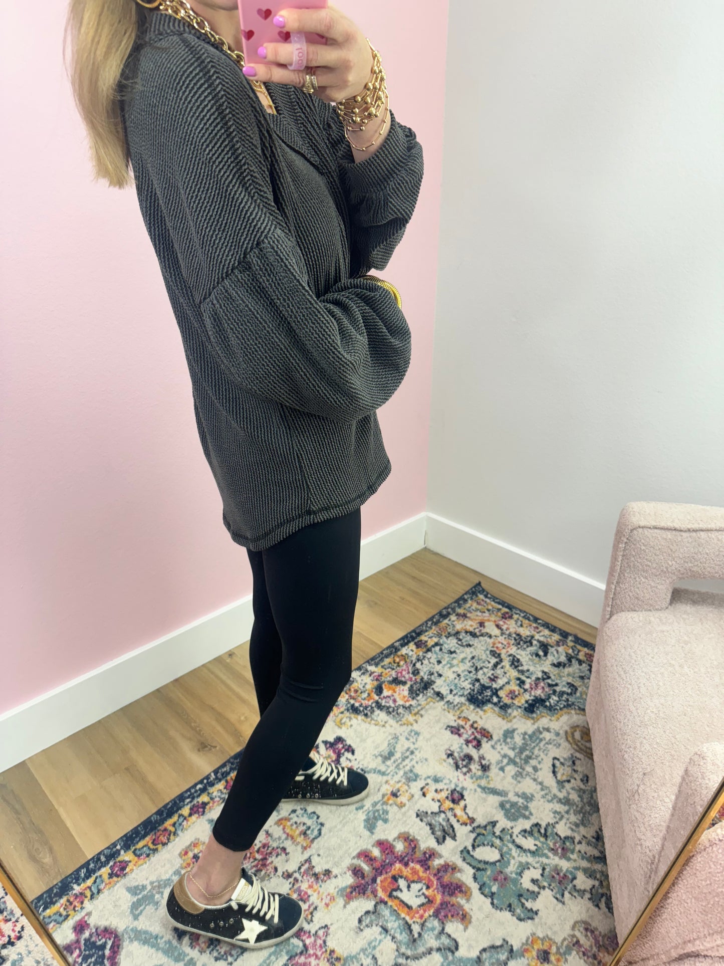 Charcoal Ribbed Balloon Sleeve Top