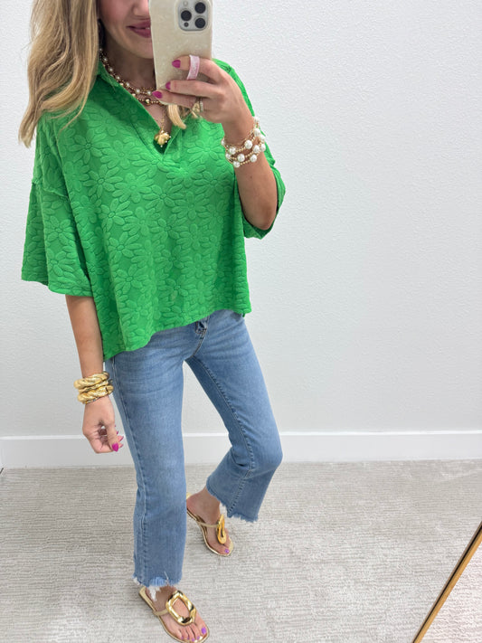 Kelly Green Collared French Terry V-Neck Floral Top