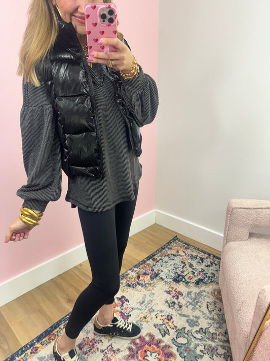 Charcoal Ribbed Balloon Sleeve Top