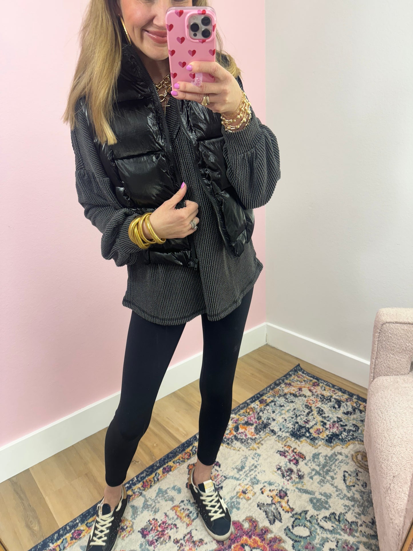 Charcoal Ribbed Balloon Sleeve Top