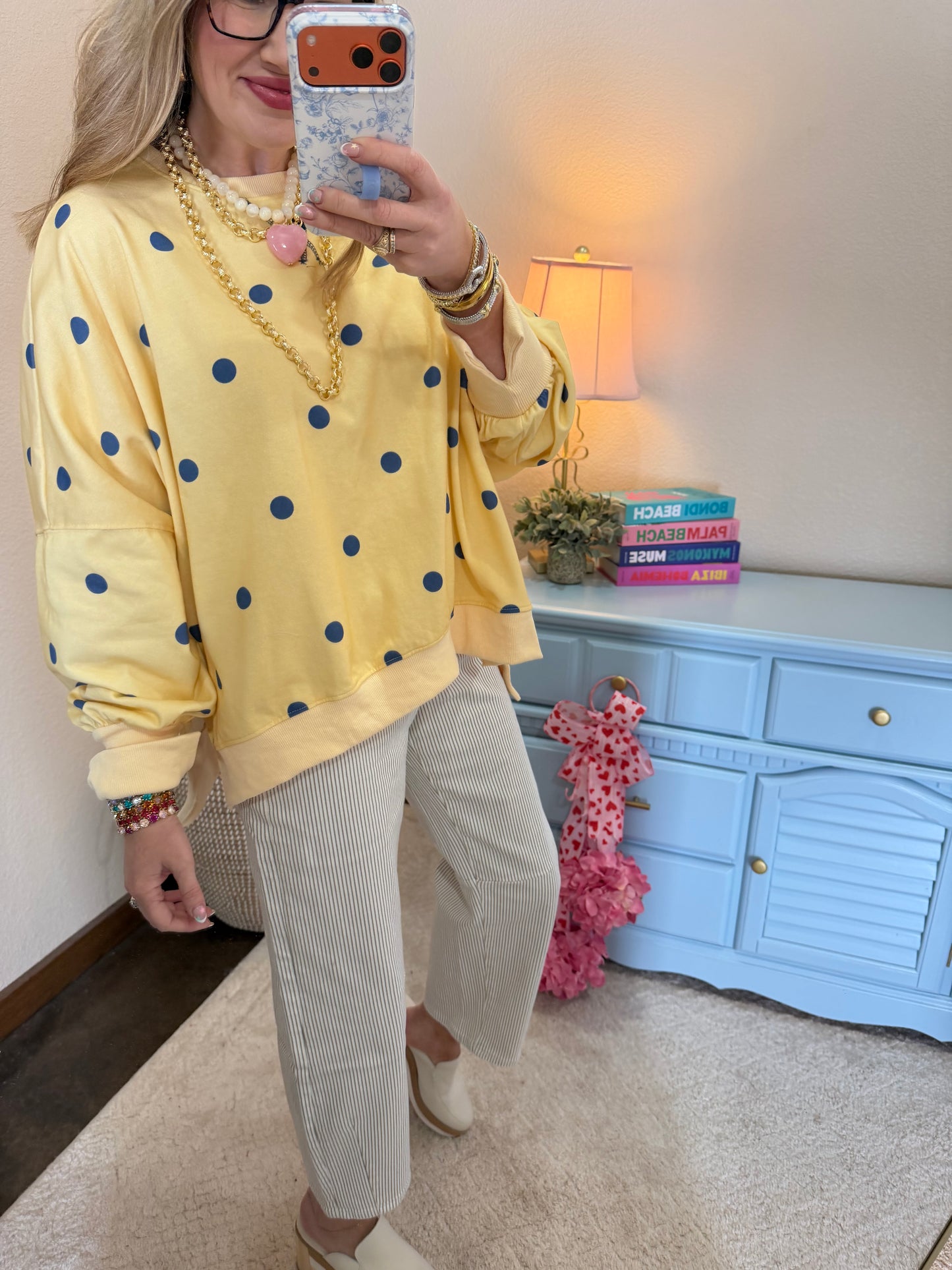 Light Yellow & Blue Polka Dot Pullover