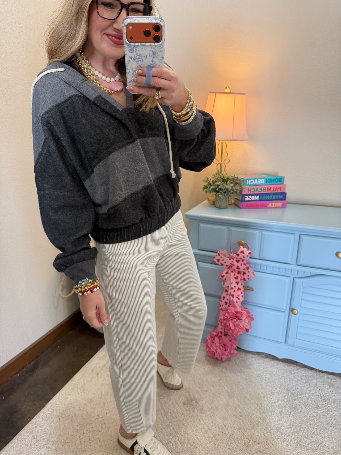 Charcoal Contrasting Elastic Waist Stitch Detail Hoodie